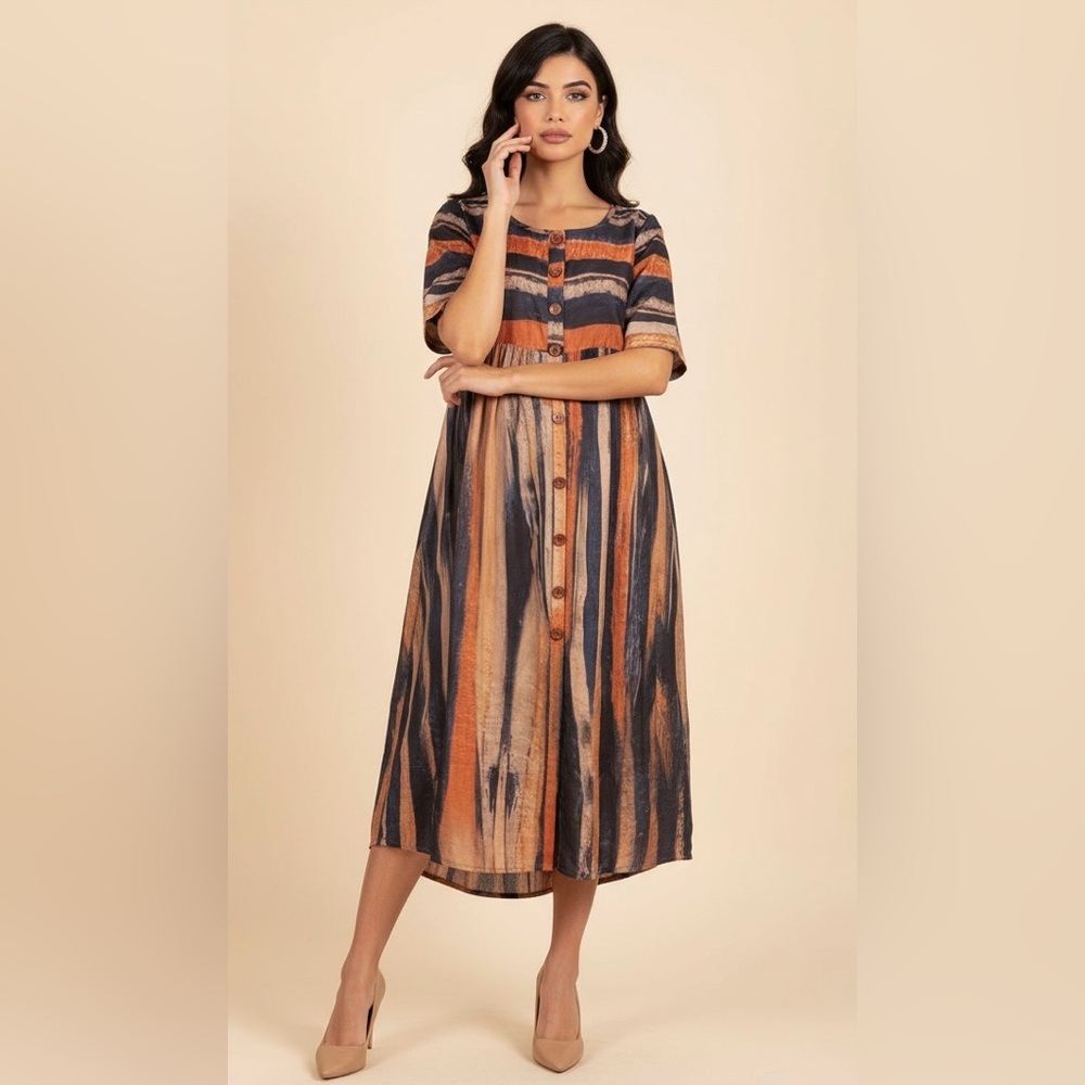 NoraCora NWT SZ S black, navy, taupe, orange abstract print dress, bust 38”